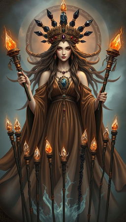 A mystical vision of the Goddess of Wands, wearing a flowing brown dress