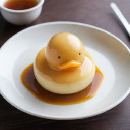 A beautifully detailed purin dessert shaped like an adorable duck, with a creamy, jelly-like texture and caramel topping.