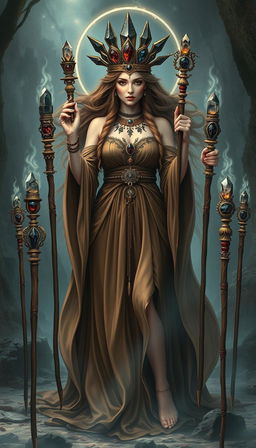 A mystical vision of the Goddess of Wands, wearing a flowing brown dress