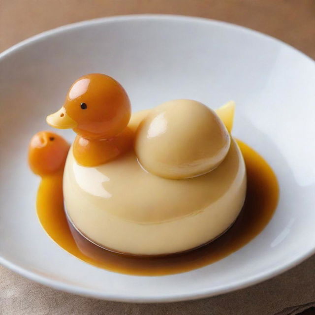 A beautifully detailed purin dessert shaped like an adorable duck, with a creamy, jelly-like texture and caramel topping.