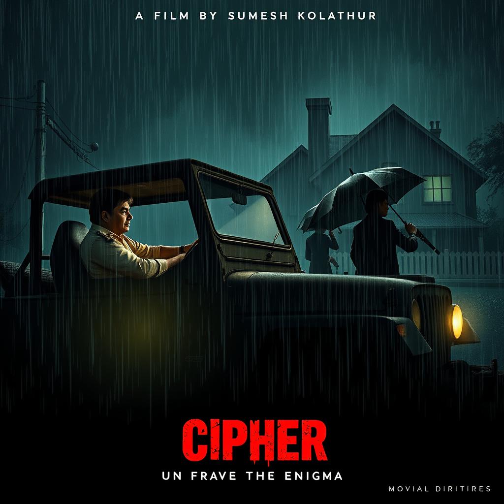 A tense, rain-soaked night scene illustrating a policeman sitting in a jeep, observing closely as three figures, each brandishing an umbrella and a gun, scour the surrounding area under the harsh beam of the jeep's headlights