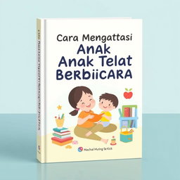 A book cover design titled 'Cara Mengatasi Anak Telat Berbicara'