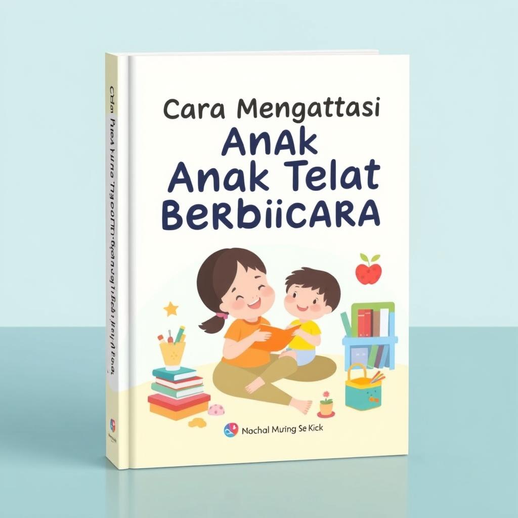 A book cover design titled 'Cara Mengatasi Anak Telat Berbicara'