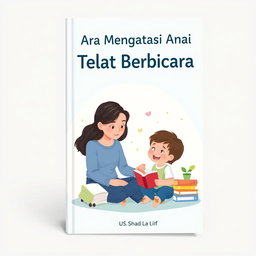A book cover design titled 'Cara Mengatasi Anak Telat Berbicara'