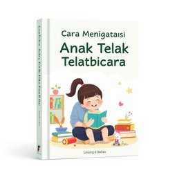 A book cover design titled 'Cara Mengatasi Anak Telat Berbicara'