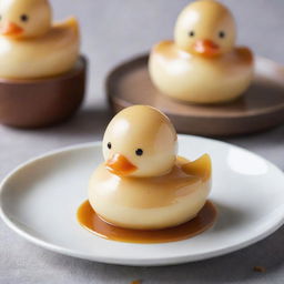 A beautifully detailed purin dessert shaped like an adorable duck, with a creamy, jelly-like texture and caramel topping.