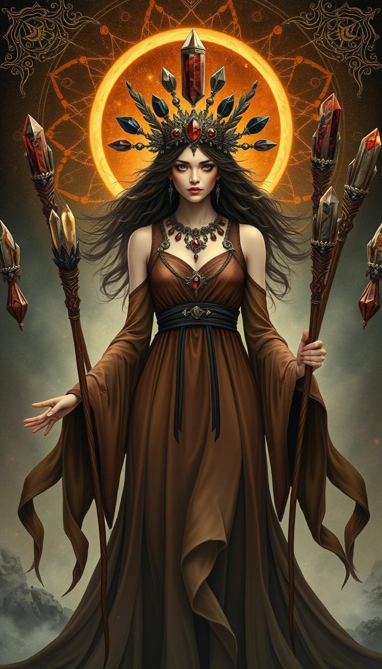 A mystical depiction of the Goddess of Wands, adorned in a flowing brown dress