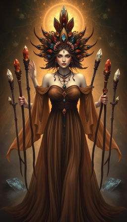 A mystical depiction of the Goddess of Wands, adorned in a flowing brown dress