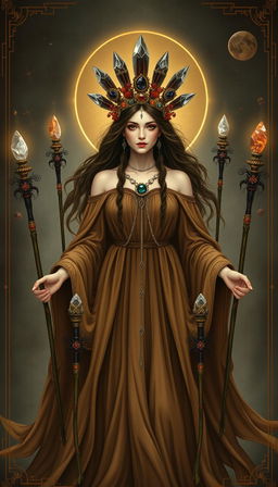 A mystical depiction of the Goddess of Wands, adorned in a flowing brown dress