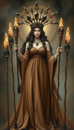 A mystical depiction of the Goddess of Wands, adorned in a flowing brown dress