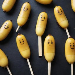 A cute, chibi version of a delectable grilled banana on a stick. The banana is gently caramelized, giving it a warm, golden glow.