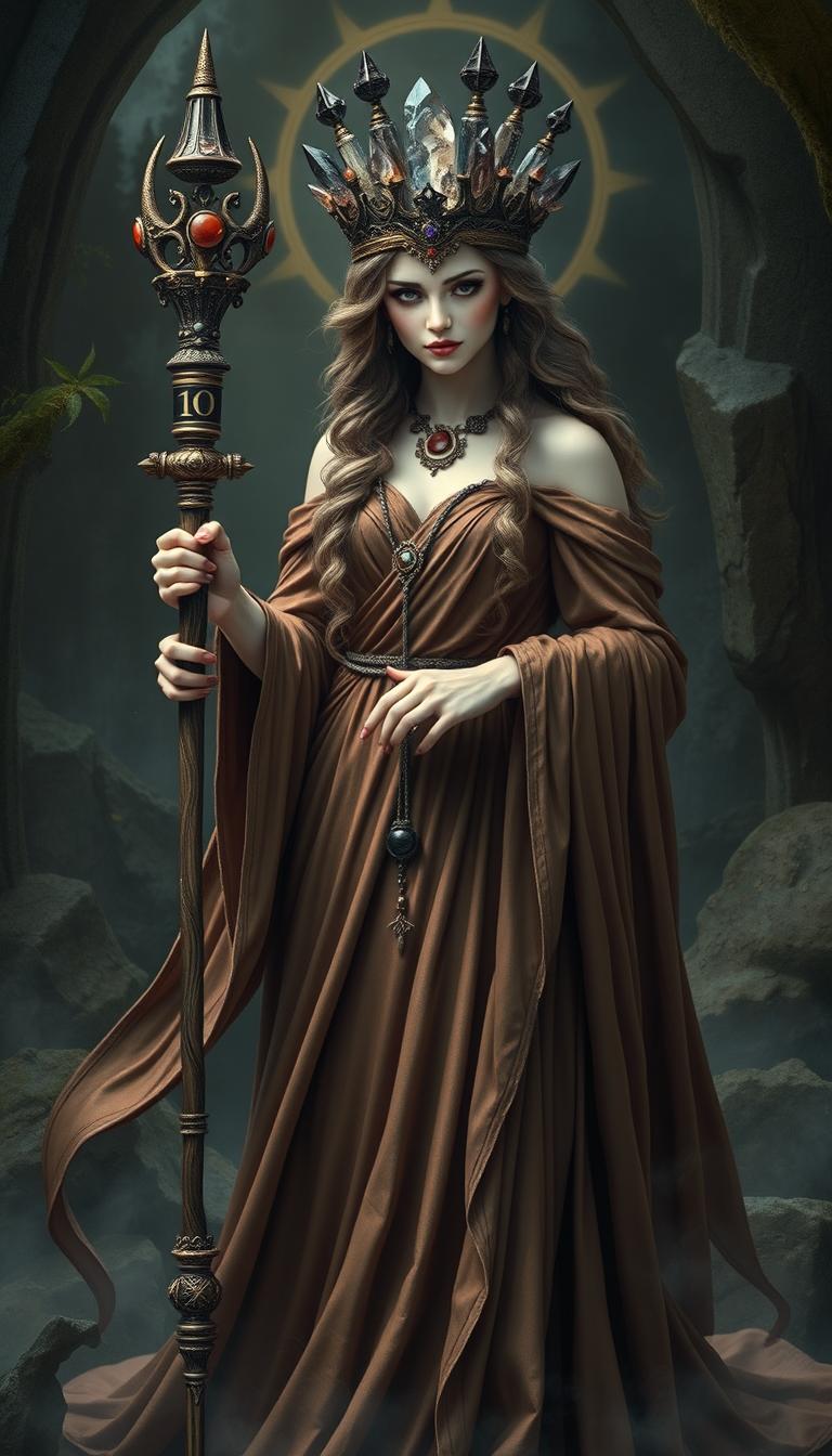 A mystical representation of the Goddess of Wands, elegantly draped in a flowing brown dress