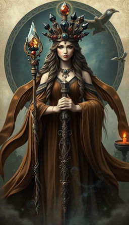 A mystical representation of the Goddess of Wands, elegantly draped in a flowing brown dress