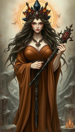 A mystical representation of the Goddess of Wands, elegantly draped in a flowing brown dress