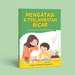 A book cover design titled 'Mengatasi Keterlambatan Bicara: Panduan Lengkap untuk Mendukung Perkembangan Anak'