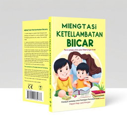 A book cover design titled 'Mengatasi Keterlambatan Bicara: Panduan Lengkap untuk Mendukung Perkembangan Anak'