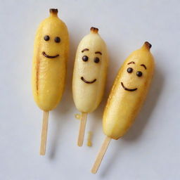 A cute, chibi version of a delectable grilled banana on a stick. The banana is gently caramelized, giving it a warm, golden glow.