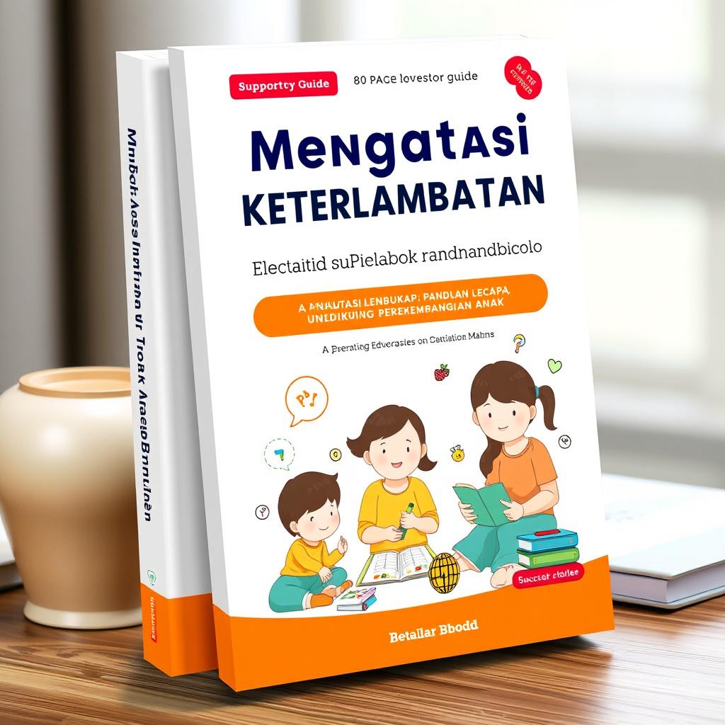 Design a book cover for an 80-page guide titled 'Mengatasi Keterlambatan Bicara: Panduan Lengkap untuk Mendukung Perkembangan Anak'
