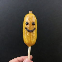 A cute, chibi version of a delectable grilled banana on a stick. The banana is gently caramelized, giving it a warm, golden glow.