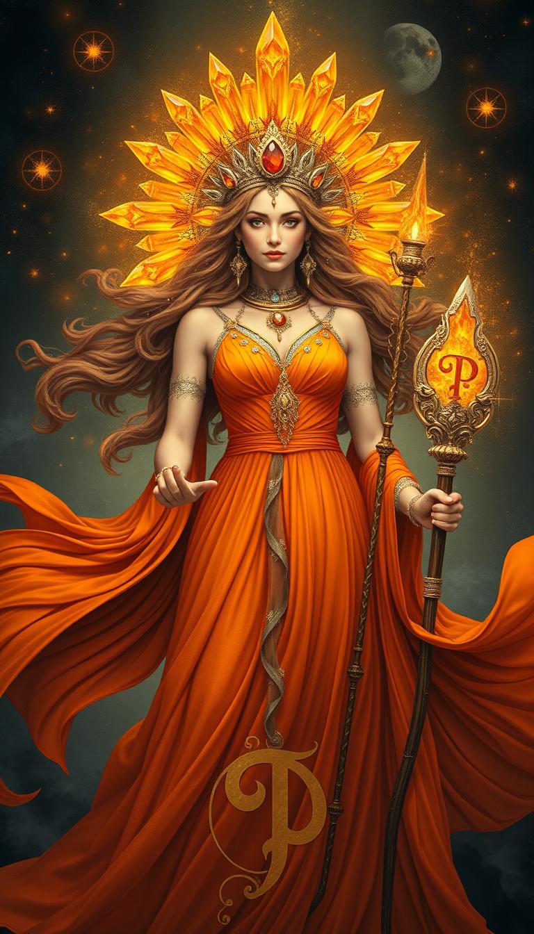 A mystical portrayal of the Goddess of Wands, resplendent in a flowing bright orange dress