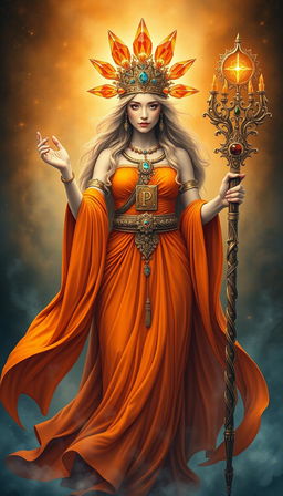 A mystical portrayal of the Goddess of Wands, resplendent in a flowing bright orange dress