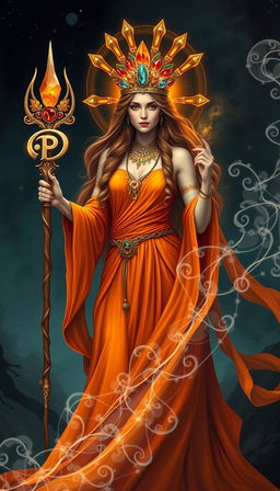 A mystical portrayal of the Goddess of Wands, resplendent in a flowing bright orange dress