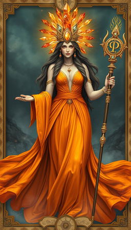 A mystical portrayal of the Goddess of Wands, resplendent in a flowing bright orange dress