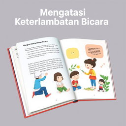 Desain sampul buku untuk panduan 80 halaman berjudul 'Mengatasi Keterlambatan Bicara: Panduan Lengkap untuk Mendukung Perkembangan Anak'