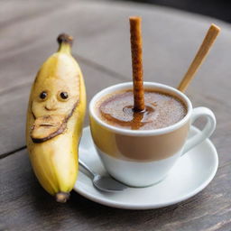 A picturesque chibi-style image of a warming cup of coffee next to a mouthwatering, caramelized grilled banana on a stick.