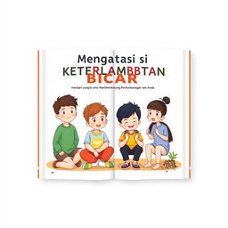 Desain sampul buku untuk panduan 80 halaman berjudul 'Mengatasi Keterlambatan Bicara: Panduan Lengkap untuk Mendukung Perkembangan Anak'