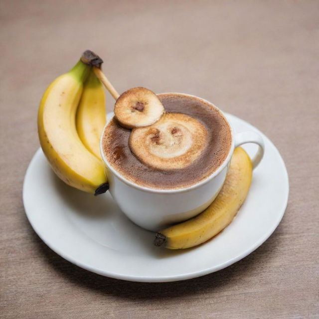 A picturesque chibi-style image of a warming cup of coffee next to a mouthwatering, caramelized grilled banana on a stick.