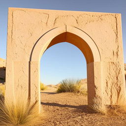 A warm, western scene with an elegant, emphatic arched monument glowing in cream color.