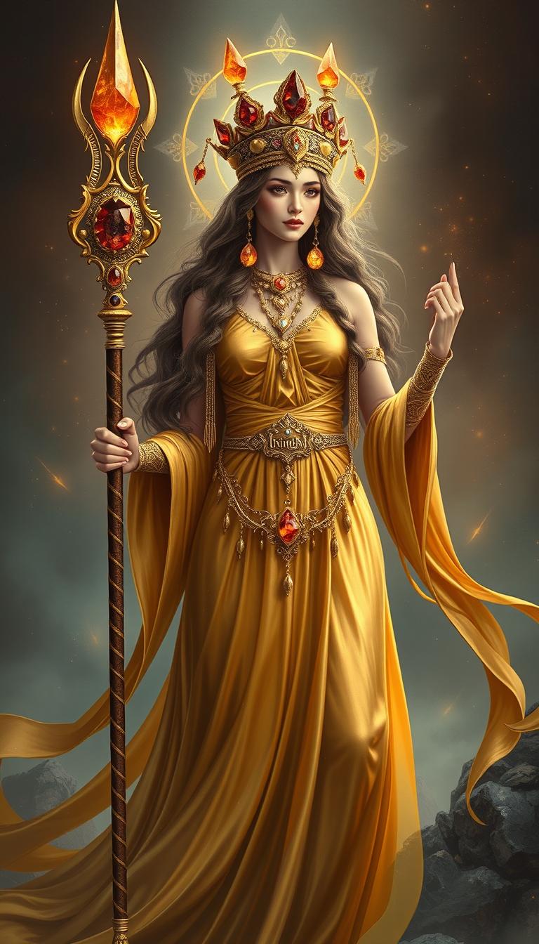 A mystical portrayal of the Goddess of Wands, resplendent in a flowing gold dress