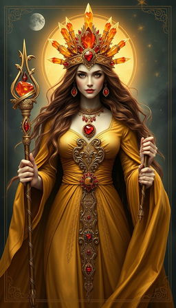 A mystical portrayal of the Goddess of Wands, resplendent in a flowing gold dress