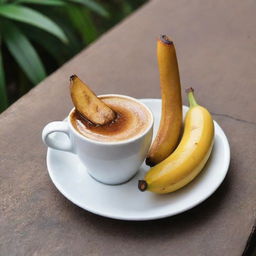 A picturesque chibi-style image of a warming cup of coffee next to a mouthwatering, caramelized grilled banana on a stick.