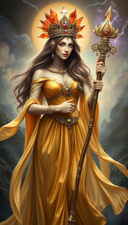 A mystical portrayal of the Goddess of Wands, resplendent in a flowing gold dress