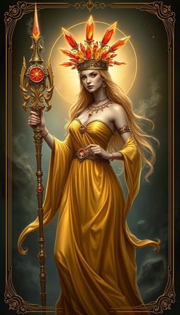 A mystical portrayal of the Goddess of Wands, resplendent in a flowing gold dress