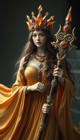 A mystical portrayal of the Goddess of Wands, resplendent in a flowing gold dress