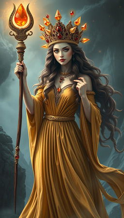 A mystical portrayal of the Goddess of Wands, resplendent in a flowing gold dress