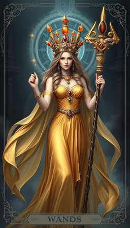 A mystical portrayal of the Goddess of Wands, resplendent in a flowing gold dress