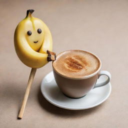 A picturesque chibi-style image of a warming cup of coffee next to a mouthwatering, caramelized grilled banana on a stick.