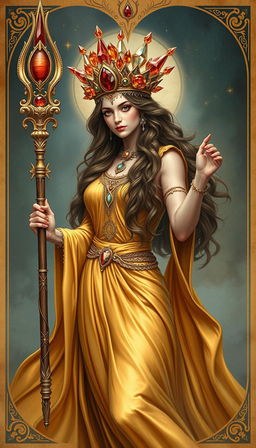 A mystical portrayal of the Goddess of Wands, resplendent in a flowing gold dress