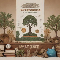 A bold, compelling campaign banner advocating the importance of education and natural resources, featuring a mix of earthy tones, symbols of knowledge like books, and natural elements like trees, water, and minerals
