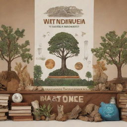 A bold, compelling campaign banner advocating the importance of education and natural resources, featuring a mix of earthy tones, symbols of knowledge like books, and natural elements like trees, water, and minerals