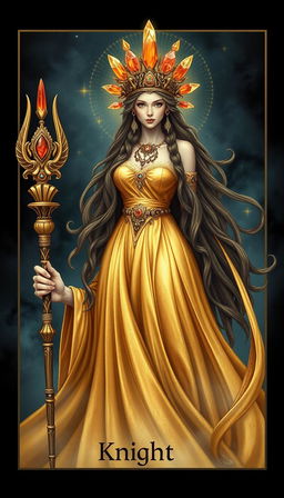 A mystical portrayal of the Goddess of Wands, resplendent in a flowing gold dress