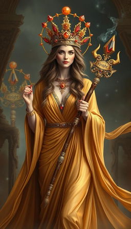 A mystical portrayal of the Goddess of Wands, resplendent in a flowing gold dress