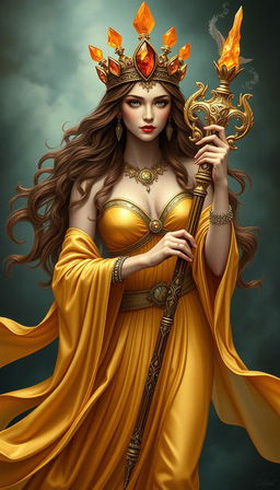 A mystical portrayal of the Goddess of Wands, resplendent in a flowing gold dress