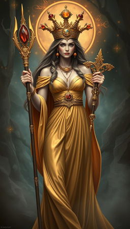 A mystical portrayal of the Goddess of Wands, resplendent in a flowing gold dress