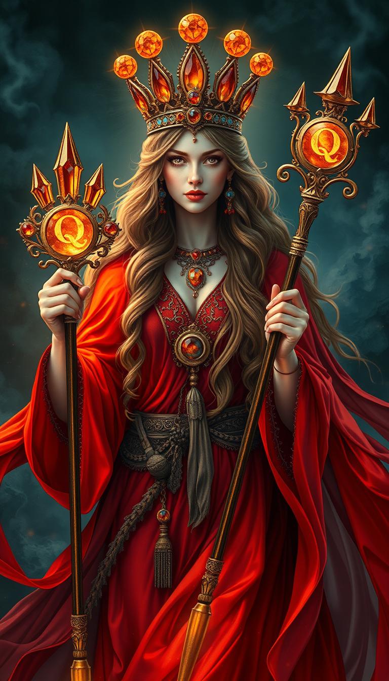 A mystical portrayal of the Goddess of Wands, now donned in a fiery red flowing dress