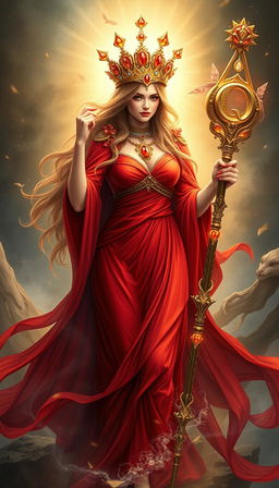 A mystical portrayal of the Goddess of Wands, now donned in a fiery red flowing dress